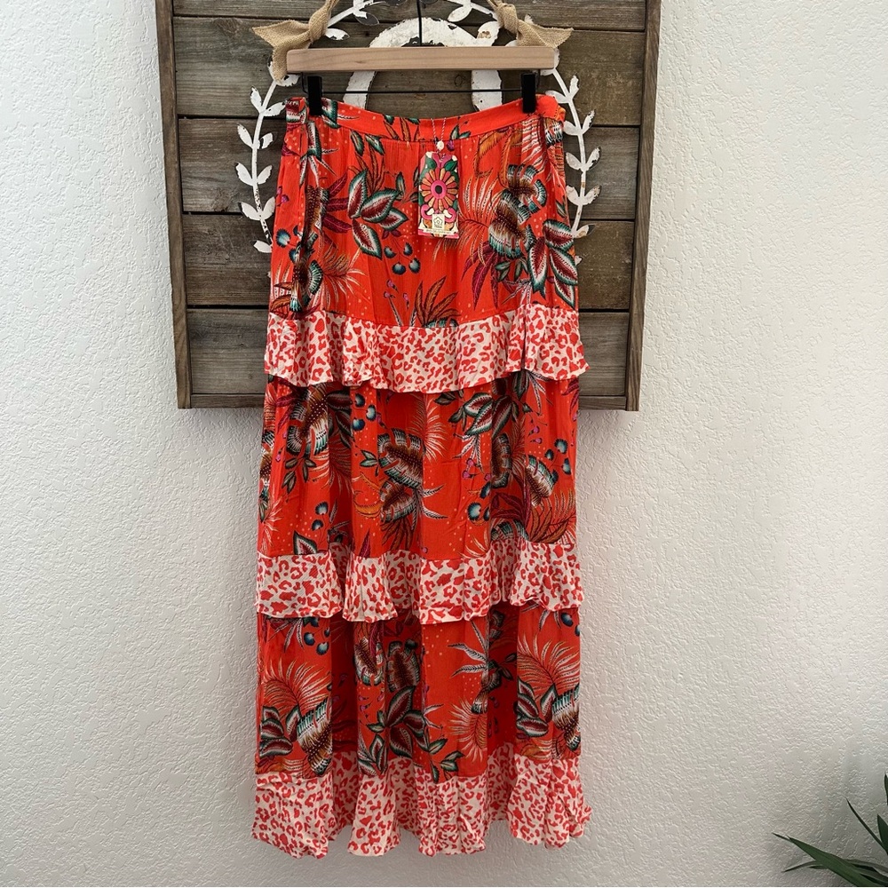 Anthropologie Farm Rio Jemima Orange Floral Tiered Maxi Skirt Size Large NWT